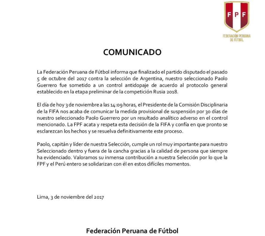 Comunicado de la Federación Peruana de Fútbol. 