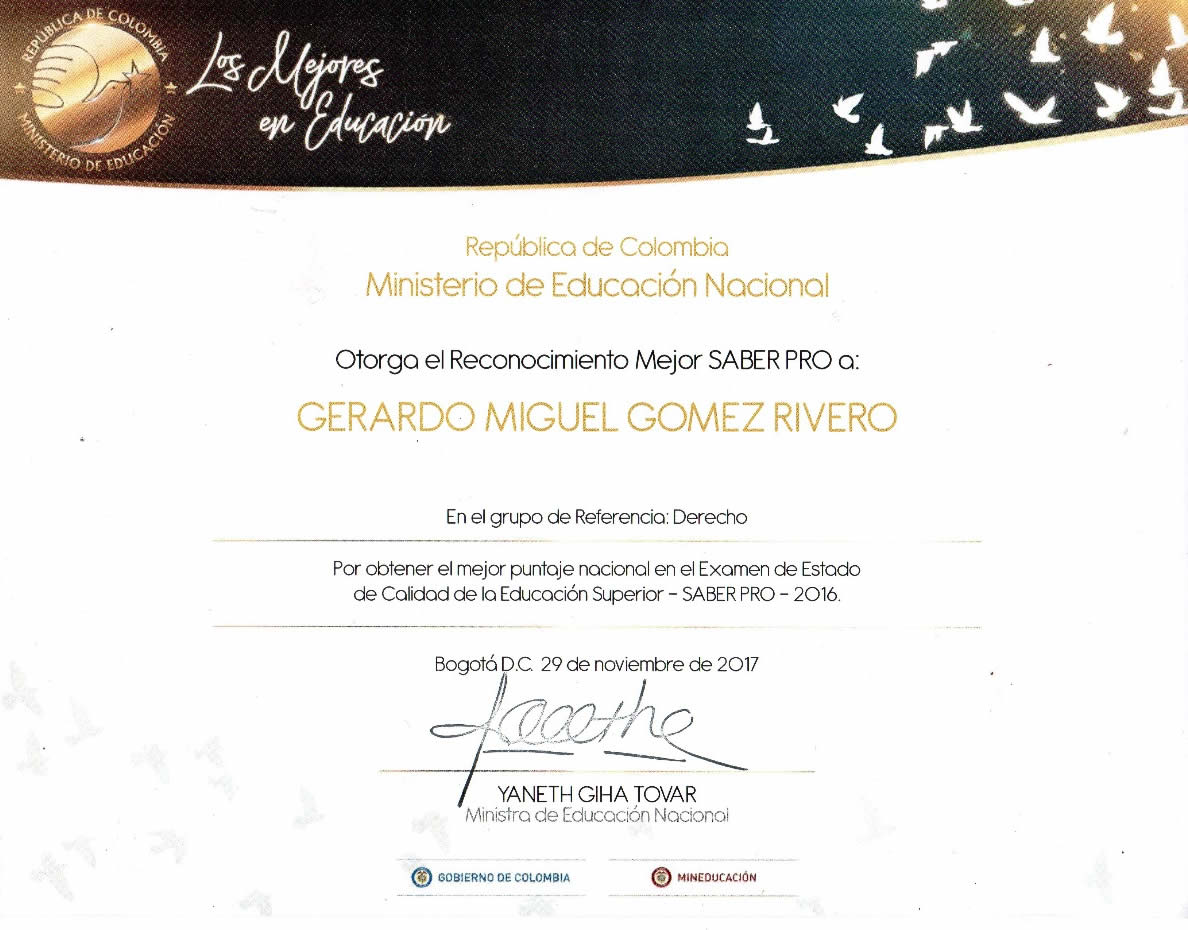 Diploma otorgado a Gerardo Miguel Gómez Rivero.