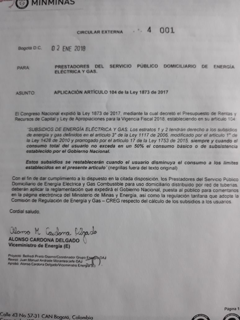 Esta es la circular que expidió el Ministerio de Minas y Energía con la firma del viceministro Alonso Cardona Delgado.