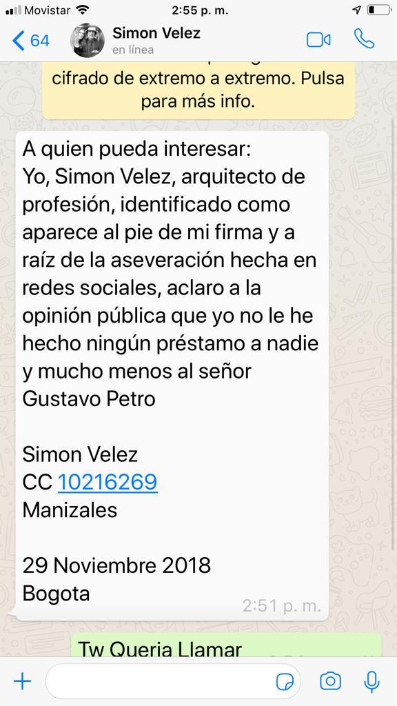 El comunicado emitido por Simón Vélez.