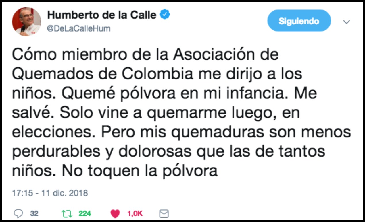 Tuit del excandidato Humberto De la Calle.
