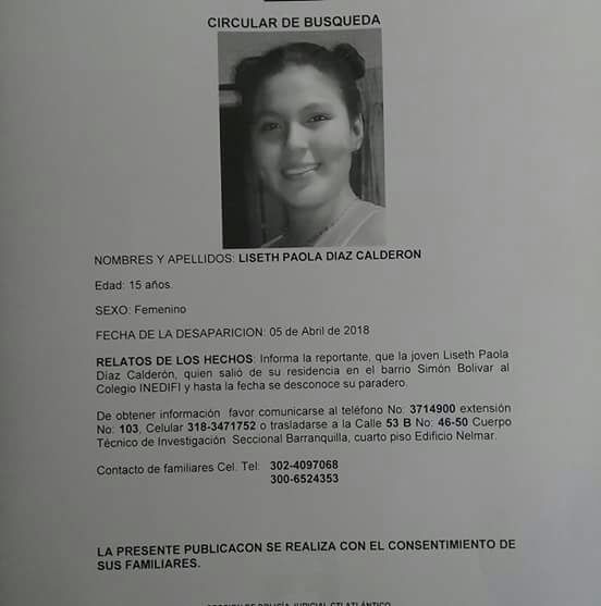 Denuncia con la información y datos de Listeh Paola Díaz Calderón.