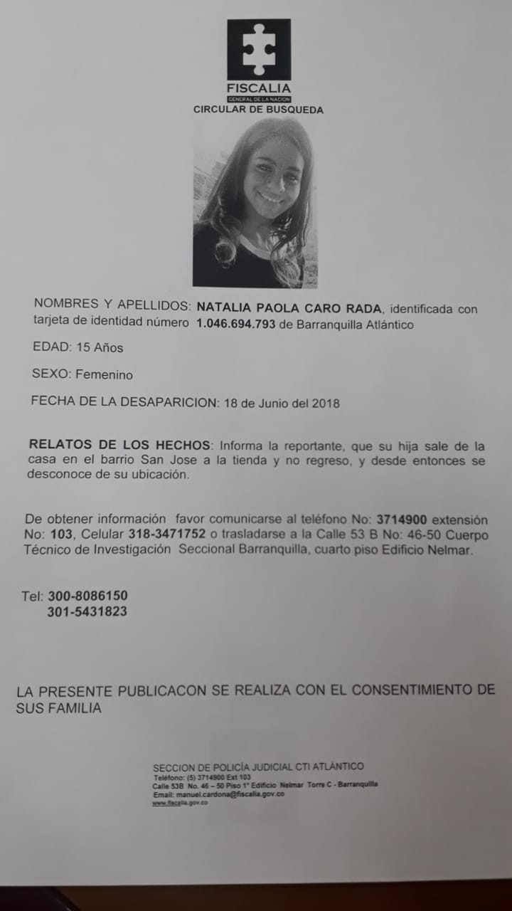 Denuncia de los familiares de Natalia Paola Caro en la Fiscalía.