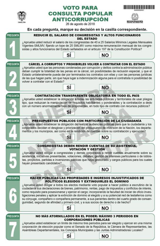 La tarjeta electoral que deberán diligenciar los colombianos en la consulta anticorrupción.