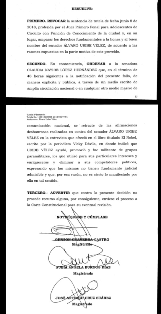 El fallo emitido por el Tribunal Superior de Bogotá.