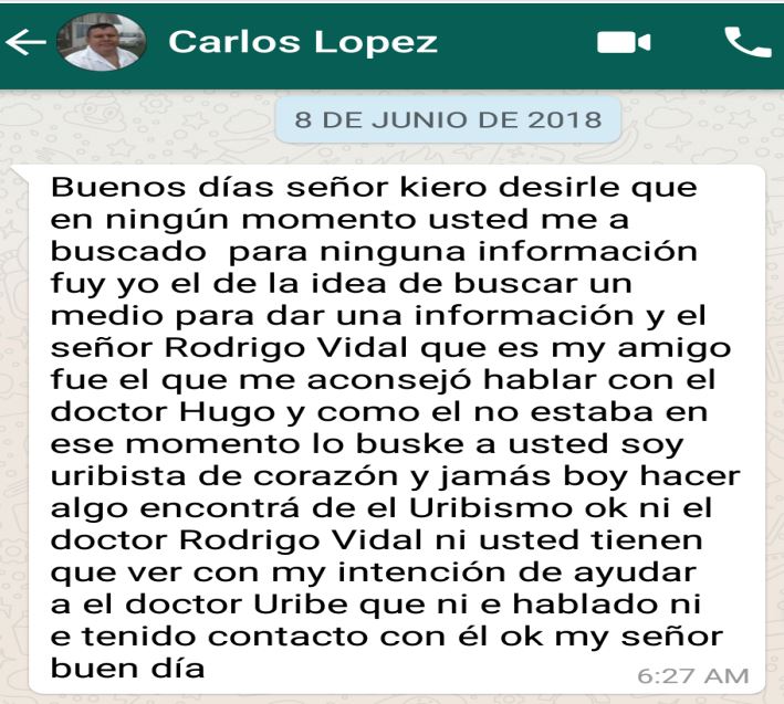 Mensaje de WhatsApp enviado por Carlos López a Prada.