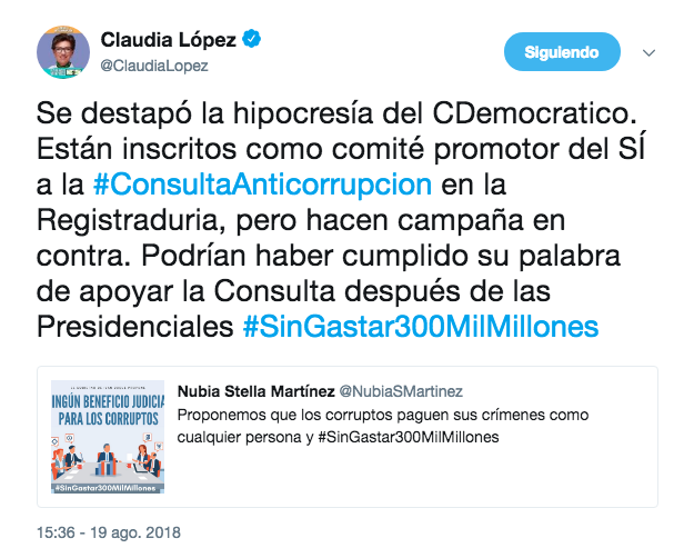 La respuesta de Claudia López a Nubia Stella Martínez, senadora del Centro Democrático.