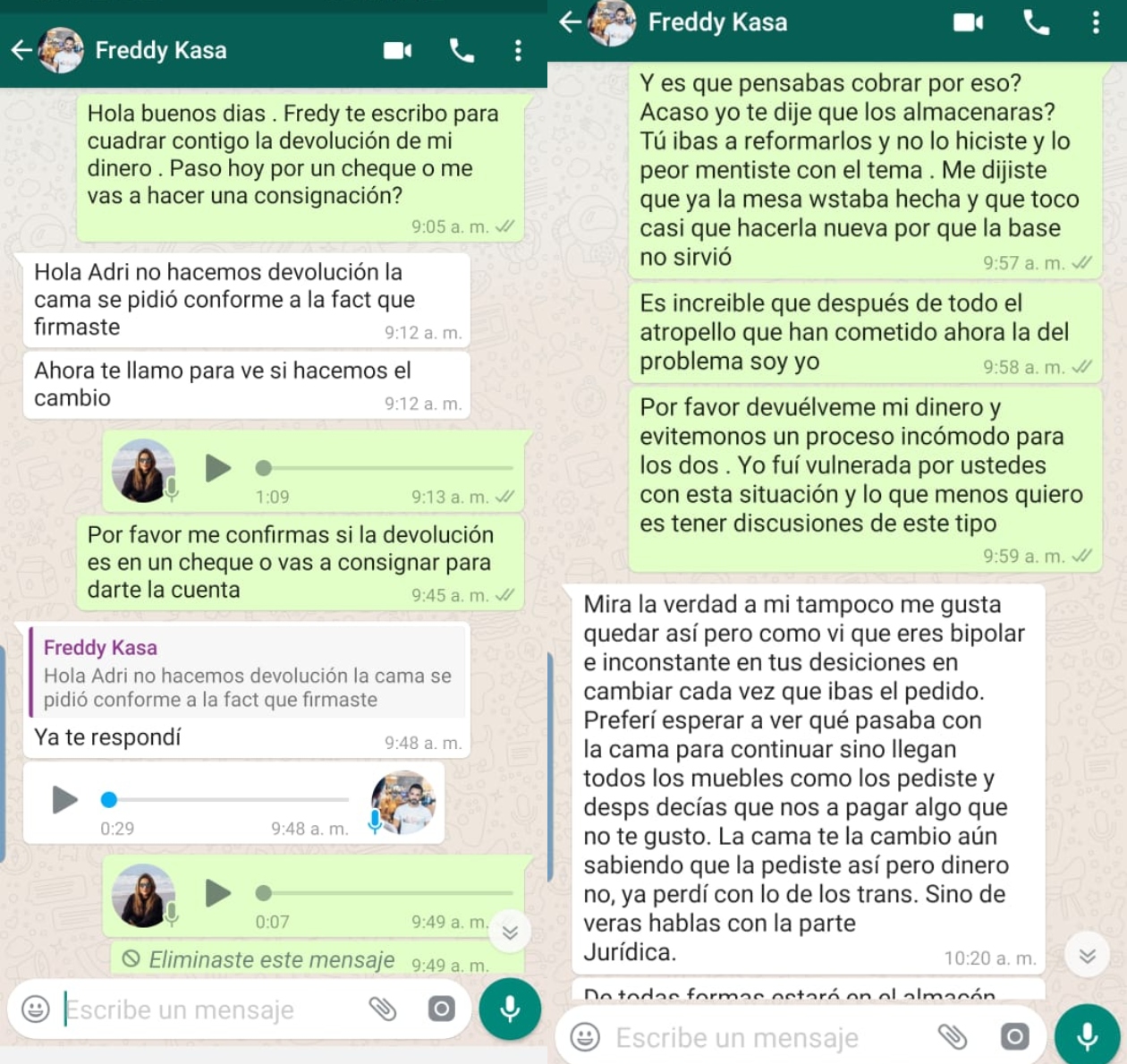 Dos de los chats entre Adriana Plata y Fredy Garzón, propietario de Kasa Diseño del Interior.