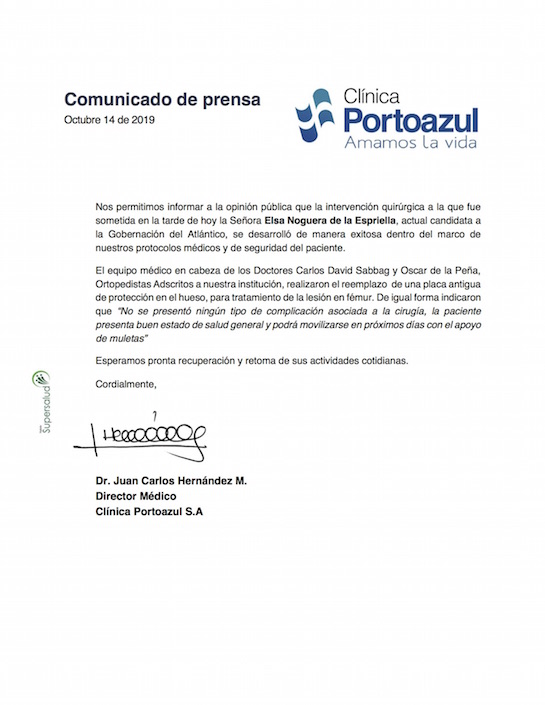 Comunicado de la Clínica Portoazul.