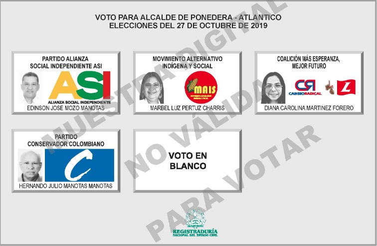 Tarjetón electoral para Alcaldía de Ponedera.