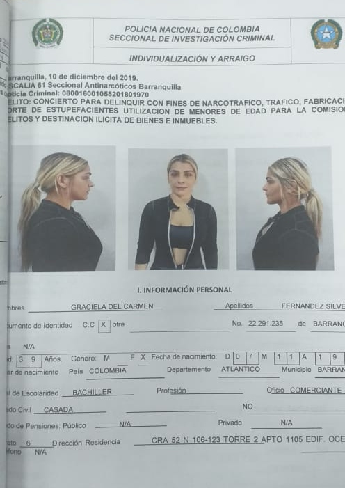 La ficha de captura de Graciela del Carmen Fernández Silvera.