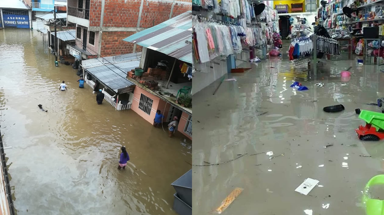 Calles inundadas y establecimientos comerciales afectados.