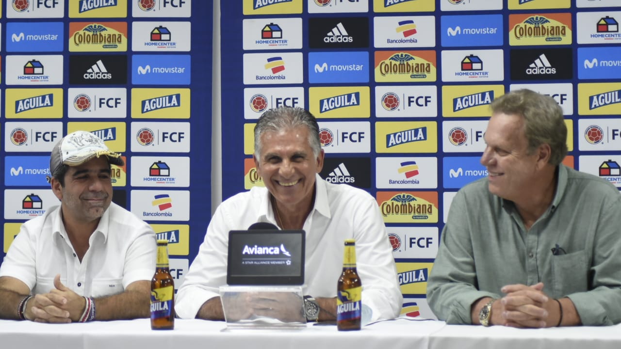 El Alcalde de Barranquilla, Alejandro Char, el técnico de la Selección Colombia, Carlos Queiroz y el presidente de la Federación Colombiana de Fútbol, Ramón Jesurún.