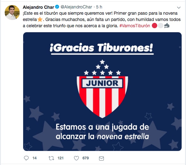 El trino del Alcalde Alejandro Char.