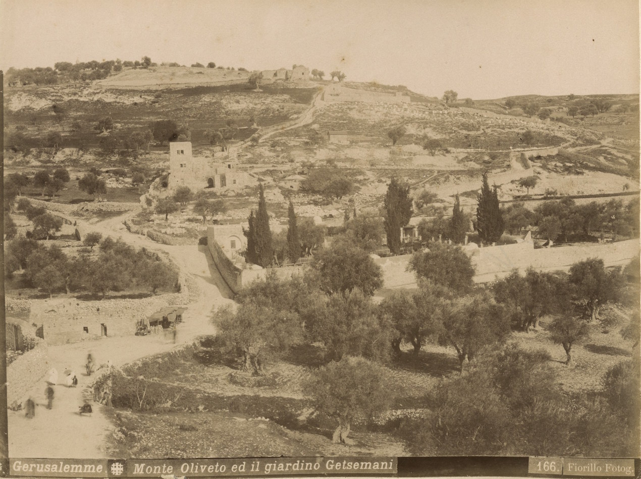 Fotografía cedida por la Biblioteca Nacional de Israel, donde aparece la vista general del Monte de los Olivos y el jardín de Getsemaní en Jerusalén, tomada durante la década de 1880. Forma parte del álbum de L. Florillo. 