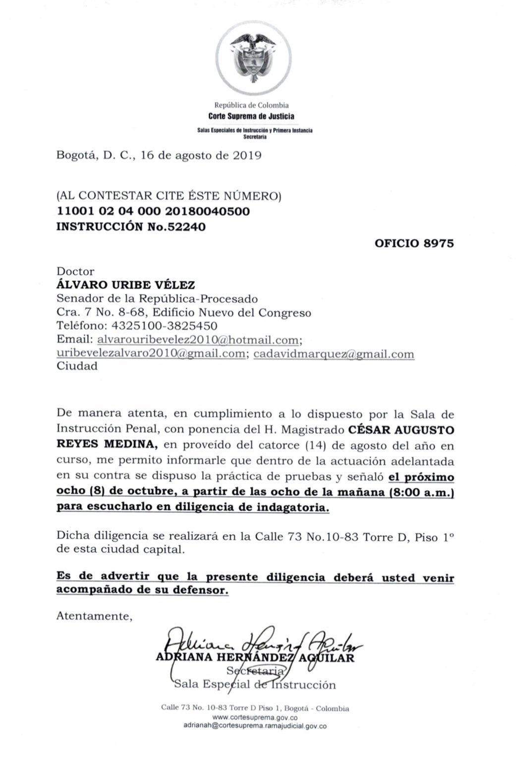 Citación al expresidente Álvaro Uribe Vélez por parte de la Corte Suprema de Justicia.