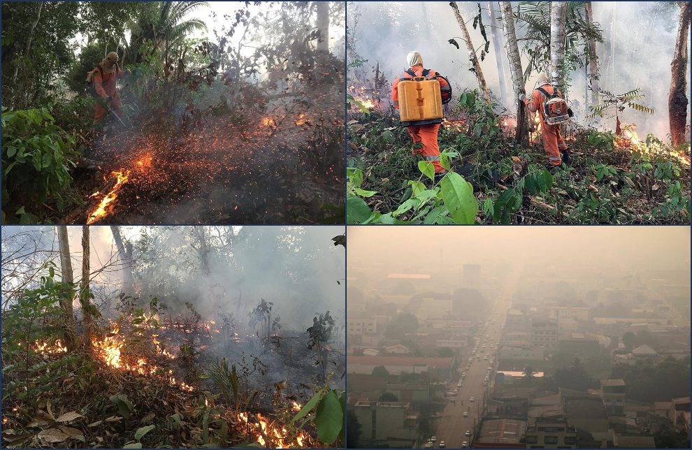 Fotografía del 18 de agosto de 2019, cedida por el cuerpo de Bomberos de la ciudad de Porto Velho, que muestra una de las conflagraciones de los grandes incendios que azotan la amazonía brasileña, en Porto Velho, capital del estado amazónico de Rondonia (Brasil). 