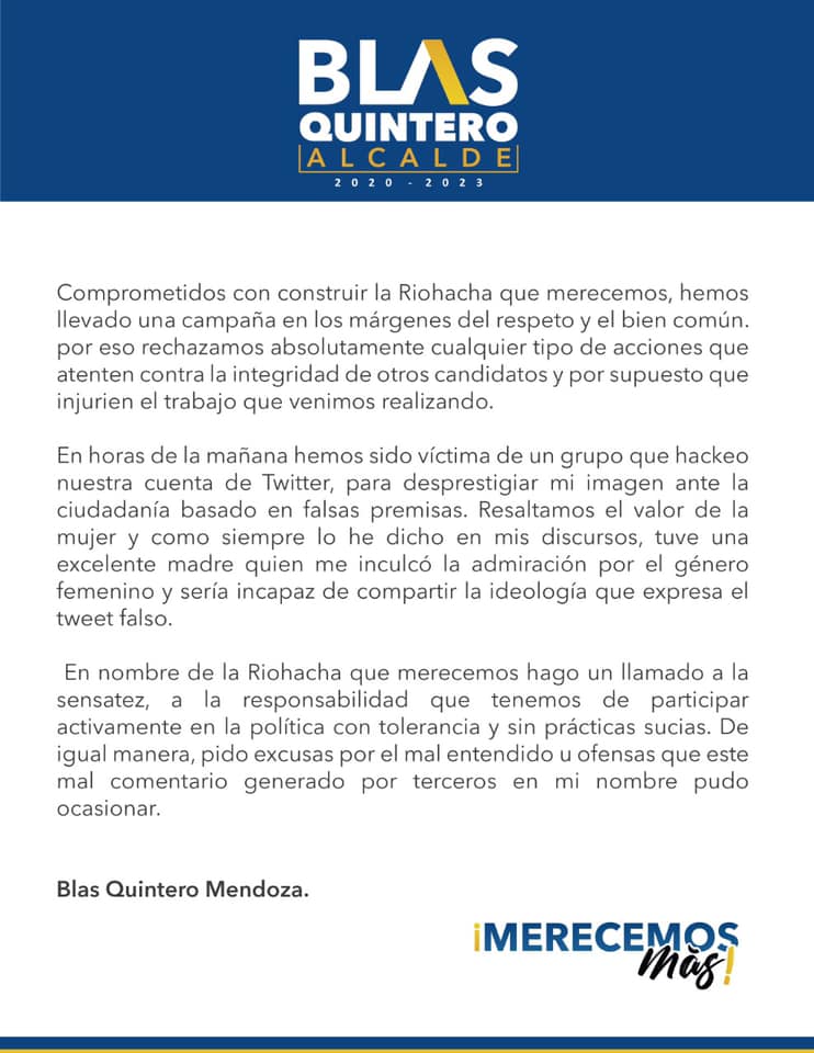 Comunicado de la campaña de Blas Quintero Mendoza.
