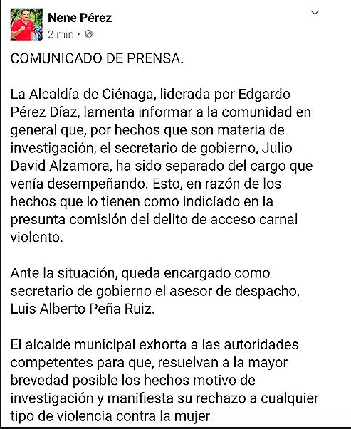 Aviso del Nene Pérez separando del cargo a su entonces Secretario de Gobierno.