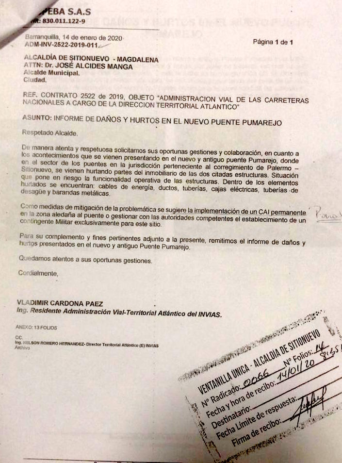 Carta enviada por el Invías Atlántico al Alcalde de Sitionuevo.