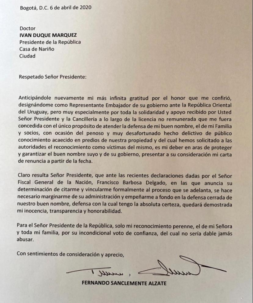 Esta es la carta de renuncia de Fernando San Clemente a la Embajada de Colombia en Uruguay.