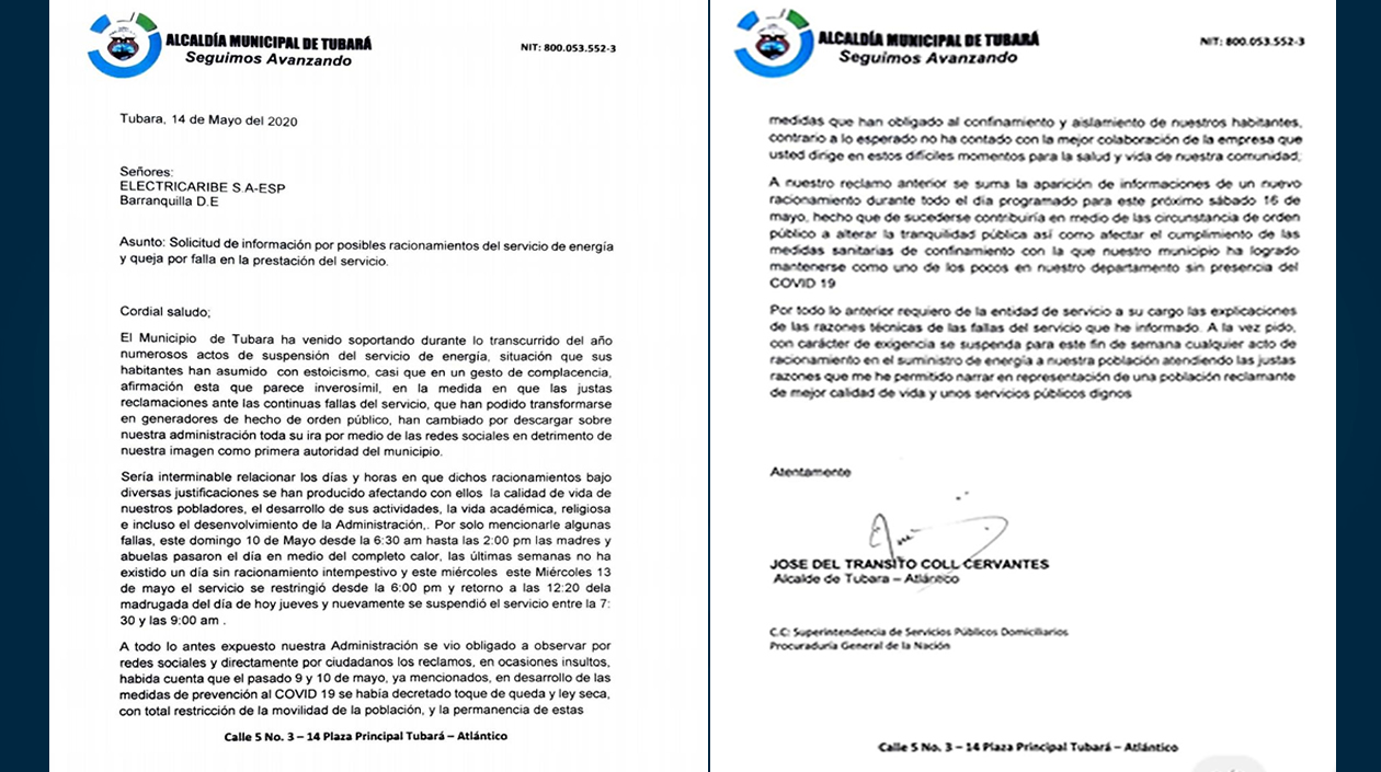 Carta enviada de la Alcaldía de Tubará a Electricaribe.