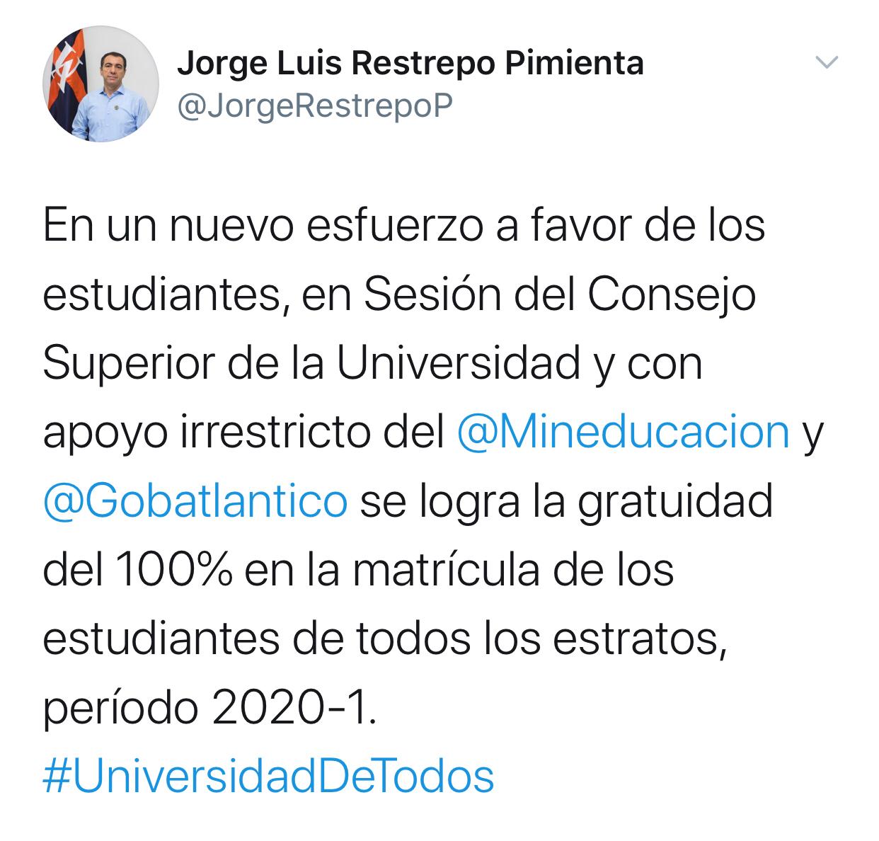 Tuit del rector de Uniatlántico, Jorge Luis Restrepo.