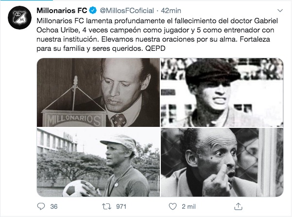 Mensaje del club Millonarios.