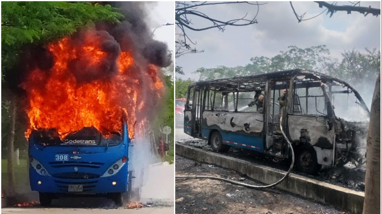Bus incendiado por presuntos integrantes del 'Clan del Golfo' en inmediaciones del conjunto residencial Ciudad Caribe. 