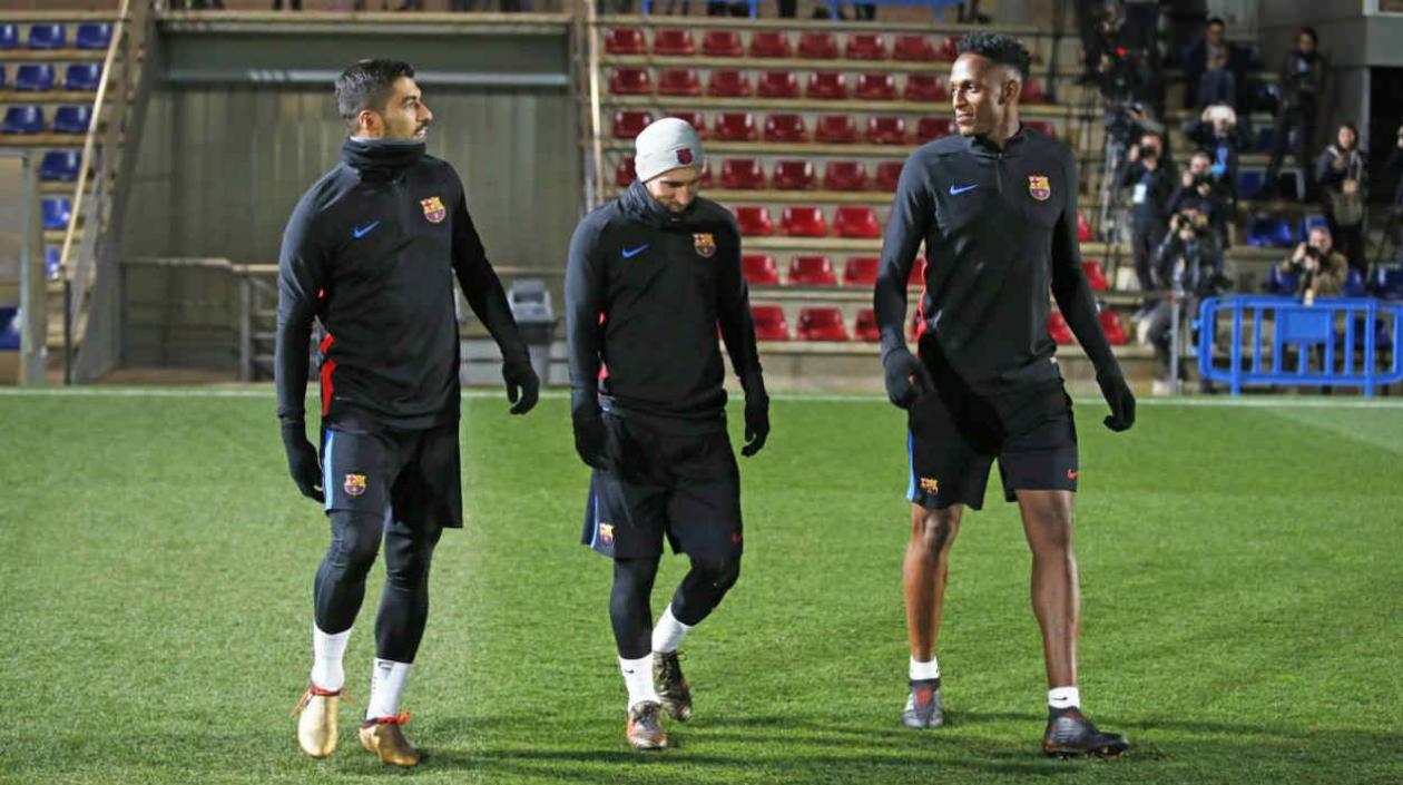 Luis Suárez, Lionel Messi y Yerry Mina. 