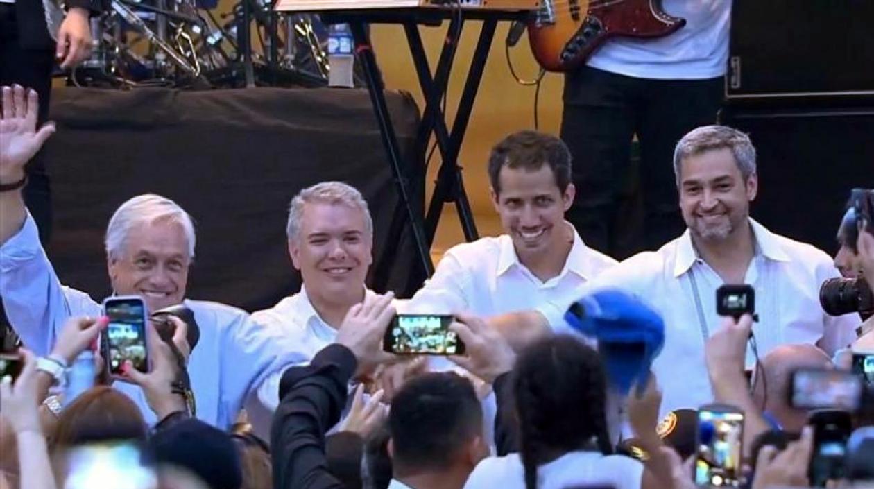 Captura de video cedida que muestra al presidente de Chile, Sebastián Piñera; el presidente de Colombia, Iván Duque; el jefe del Parlamento venezolano, Juan Guaidó; el presidente de Paraguay, Mario Abdo Benitez.