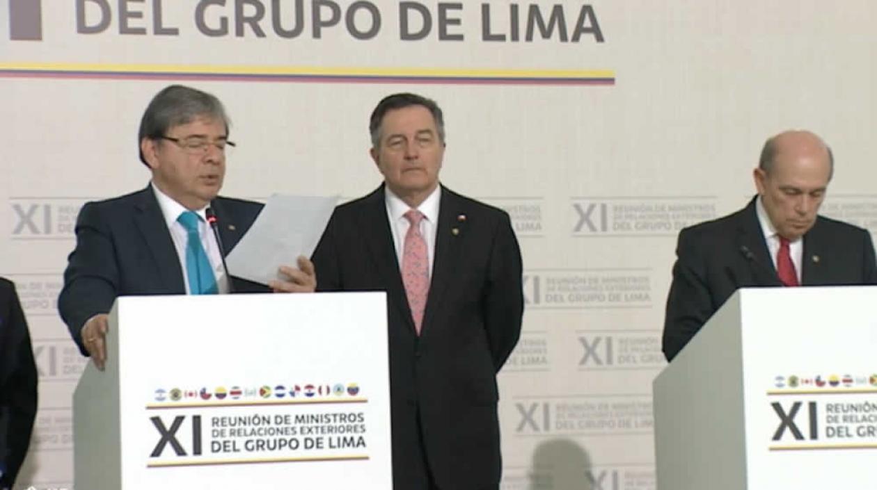 El canciller colombiano Carlos Holmes Trujillo, durante la declaración final del Grupo de Lima.