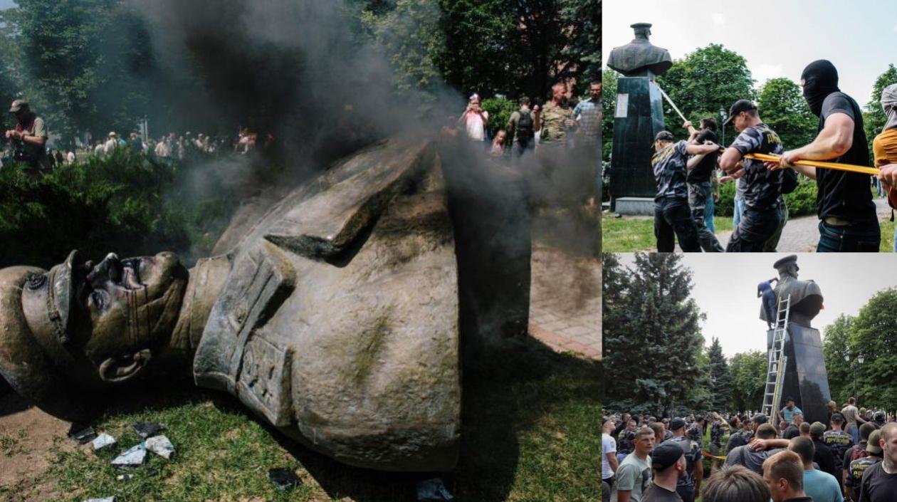 Vista de la estatua derribada del comandante de la Unión Soviética Gueorgui Zhúkov durante una manifestación este domingo en Járkov, Ucrania. 