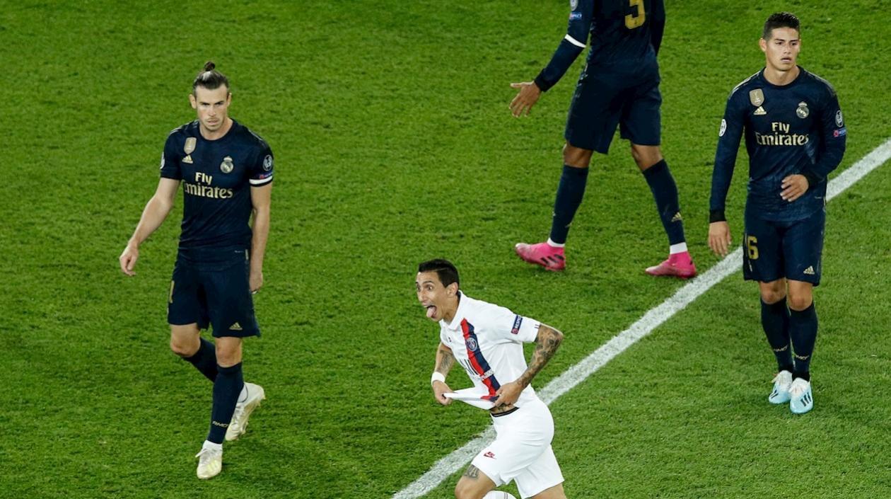 Ángel Di Maria celebra tras anotar un gol, ante la mirada de Gareth Bale y James Rodríguez.