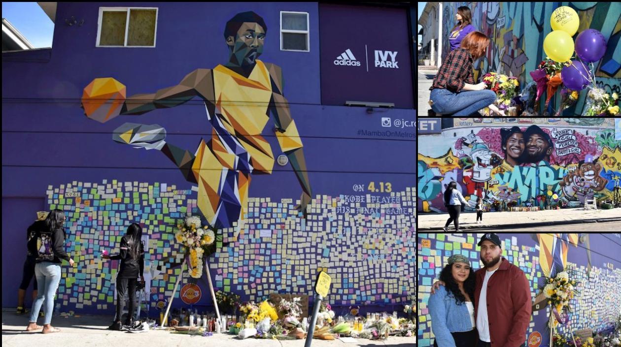 Fanáticos frente a los murales de Kobe Bryant. 