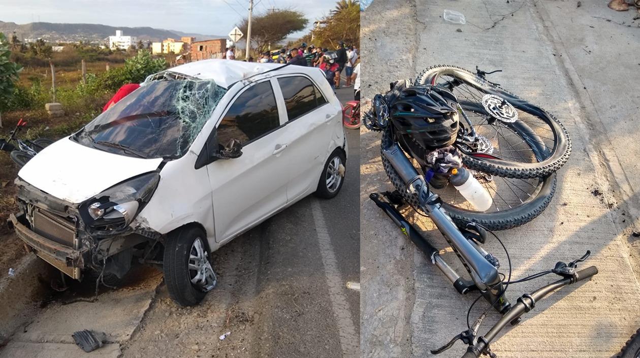 Aspecto de cómo quedó la bicicleta y el vehículo tras el accidente. 