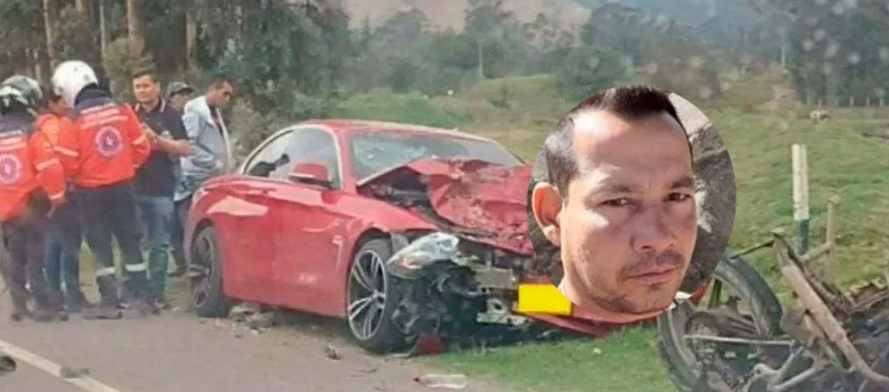 El vehículo BMW que provocó el accidente en Nobsa. En el recuadro, Eliades Ballesteros Chinchilla, una de las víctimas mortales.