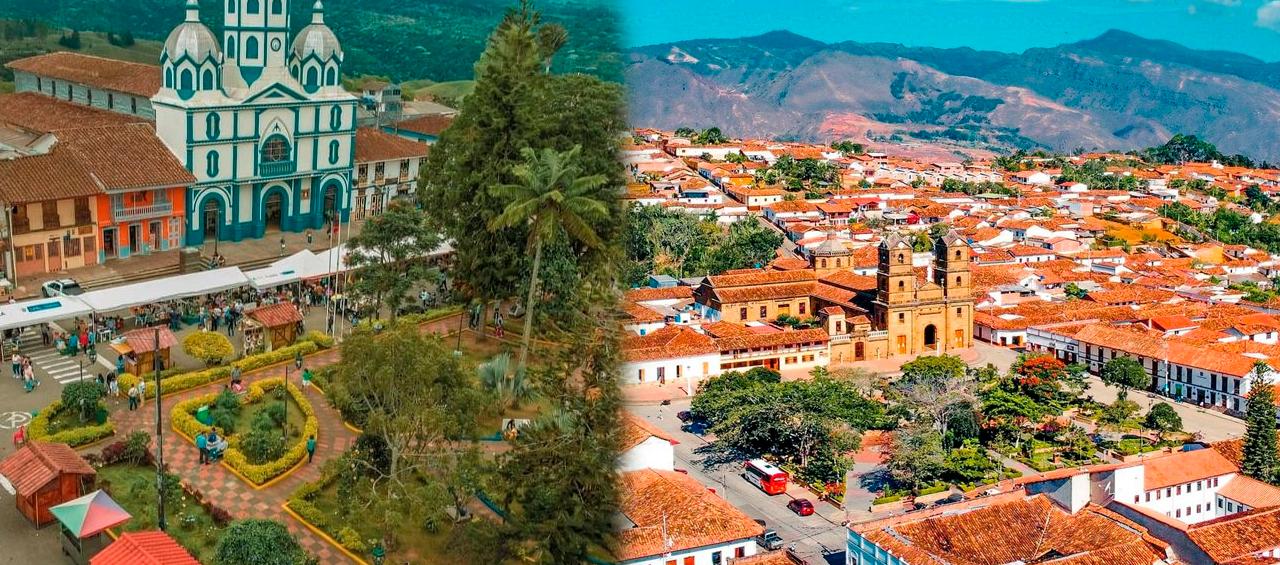 Filandia, Quindío, a la izquierda; y Zapatoca,  Santander, dos de los pueblos más bellos del mundo, según la OMT.