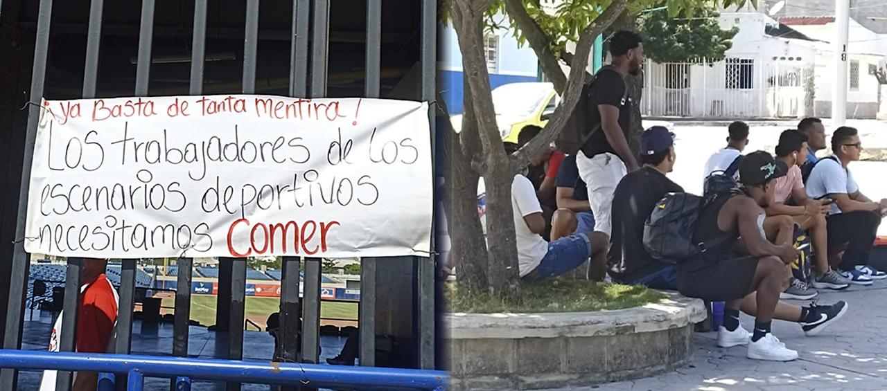 La protesta de los trabajadores y los peloteros en las afueras del estadio Édgar Rentería. 