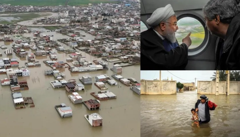 Presidente de Irán visita una de las regiones afectadas por las fuertes inundaciones, en la provincia de Golestán.