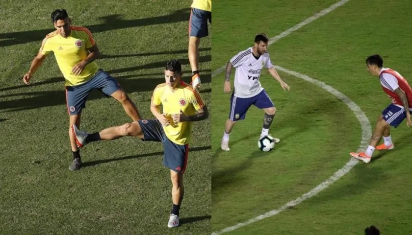 Los jugadores Radamel Falcao (izq) y James Rodríguez (dcha) de la selección de fútbol de Colombia participan en un entrenamiento. En la otra foto Lionel Messi.