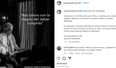 La foto y el mensaje compartidos en la cuenta de Instagram de Piñera