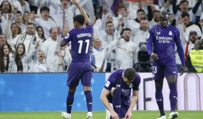 El delantero brasileño del Real Madrid Rodrygo Goes celebra su segundo gol durante el partido.